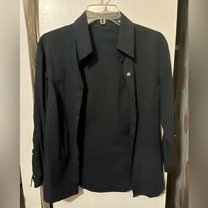 Black button up shirt with detailing on sleeve